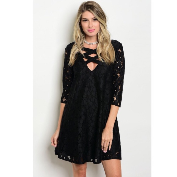 Black Crochet 3/4 Sleeve Shift Dress - Picture 2 of 6
